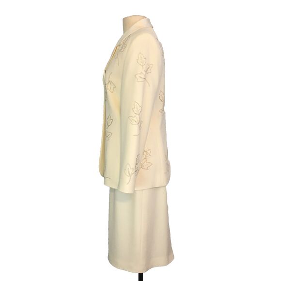 Albert Nipon Evening White Ivory Beaded Skirt Suit, Blazer, Leaves, 38‎ Chest, M - Picture 9 of 15